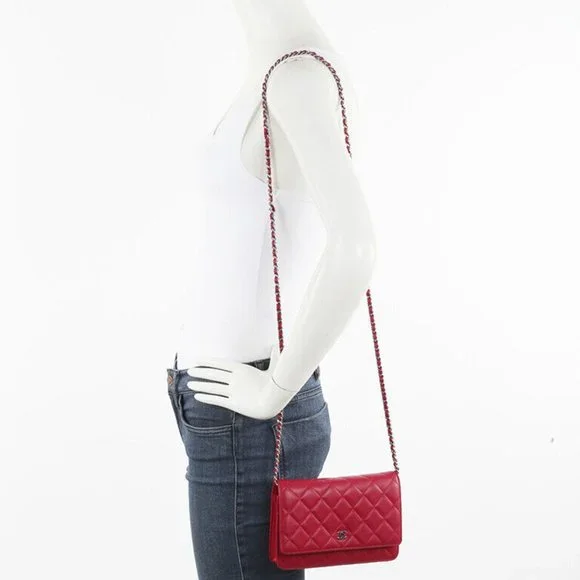 Wallet on Chain WOC Red Quilted Lambskin Leather CC Crossbody Bag - Picture 7 of 7